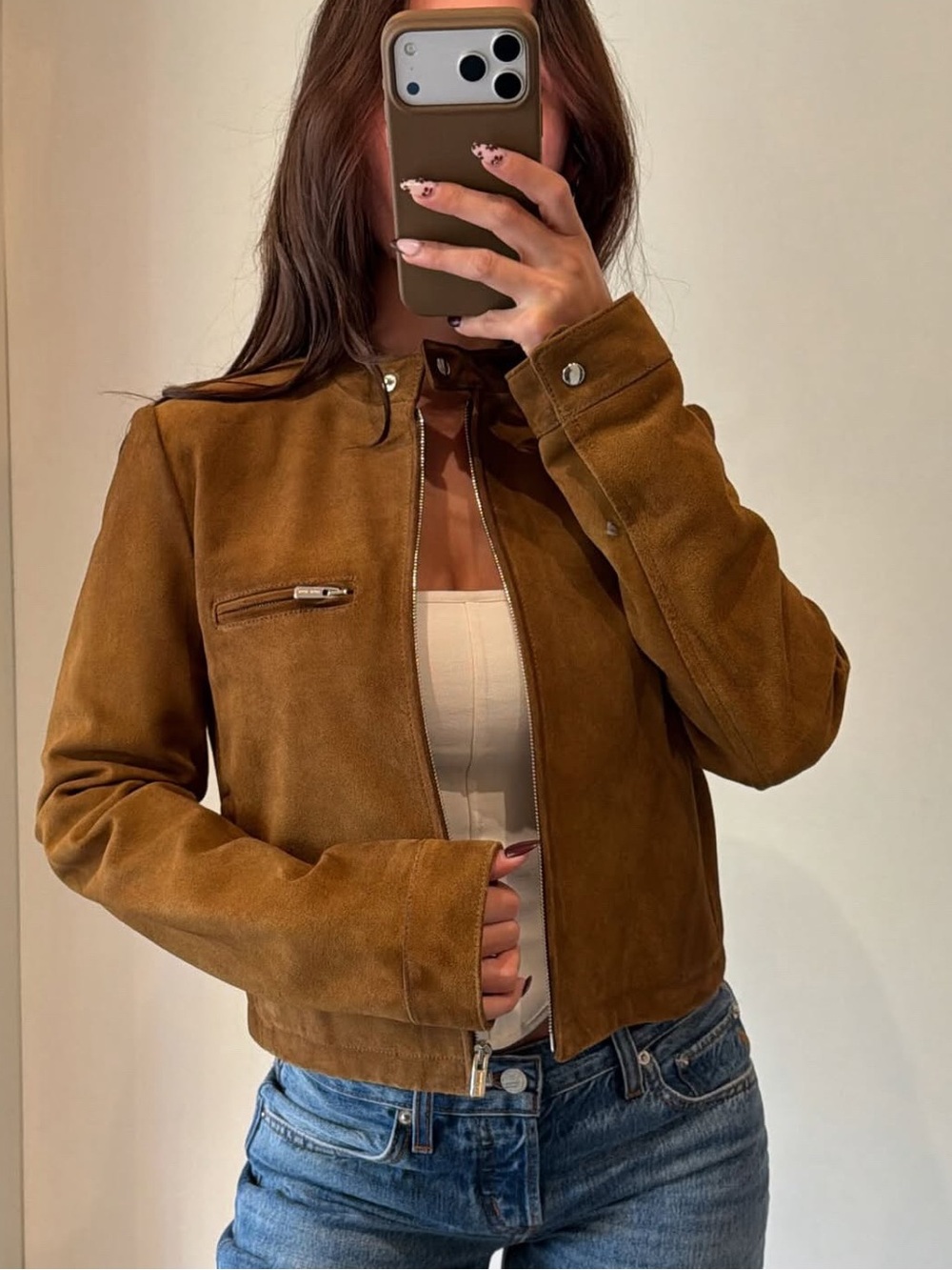 Miu Miu Suede Zip-Front Jacket — brown